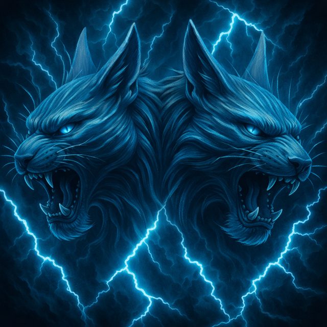 Thundering Technologies emblem: twin wolves in blue lightning